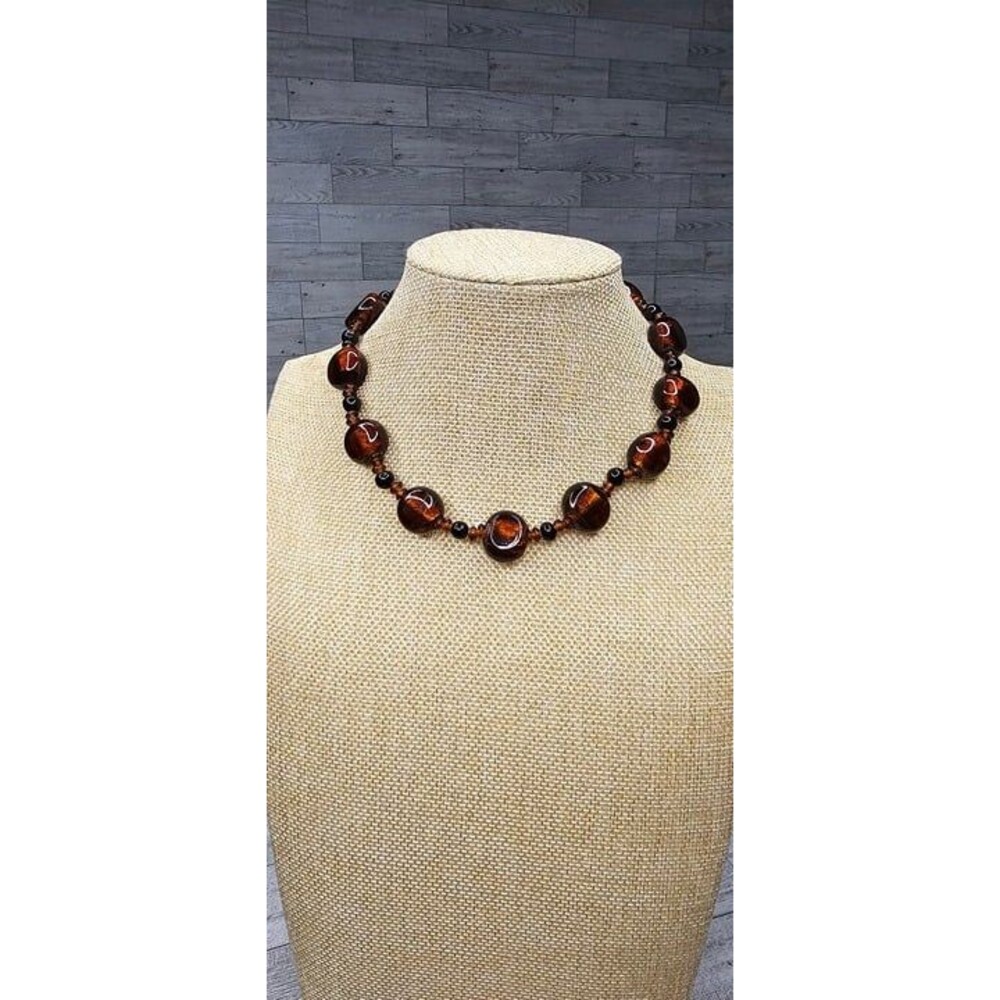 Vintage Amber Colored Art Deco Venetian Opalescent Gold Foil Glass Bead Necklace
